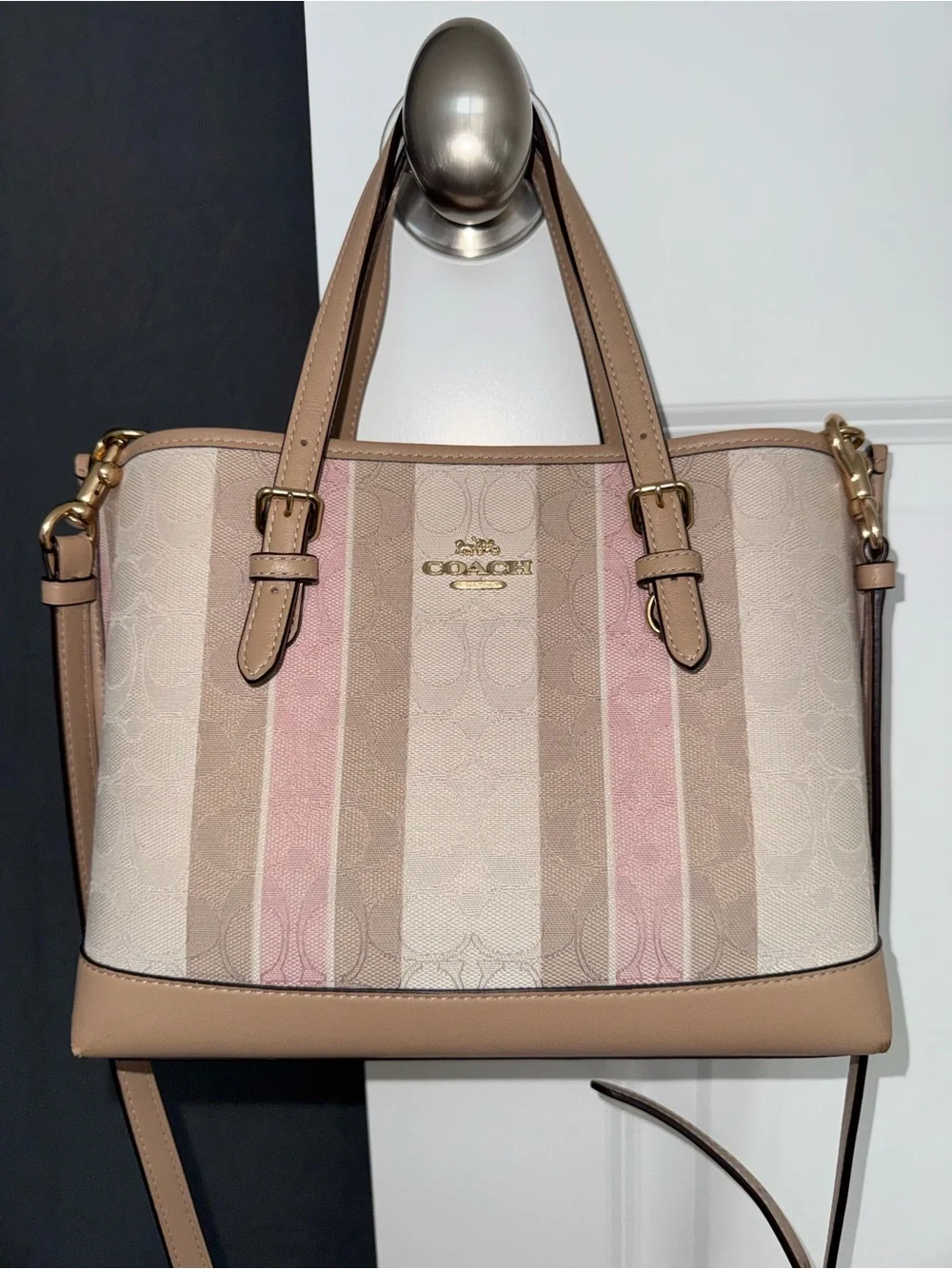 COACH Heritage Signature Horse Stripe Tote Pink & Beige